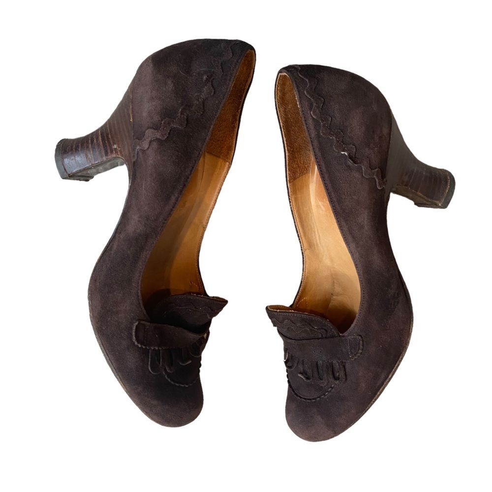 Vintage Chie Mihara Brown Leather Suede Mary Jane Heel Ruffle Trim Size EU 38‎